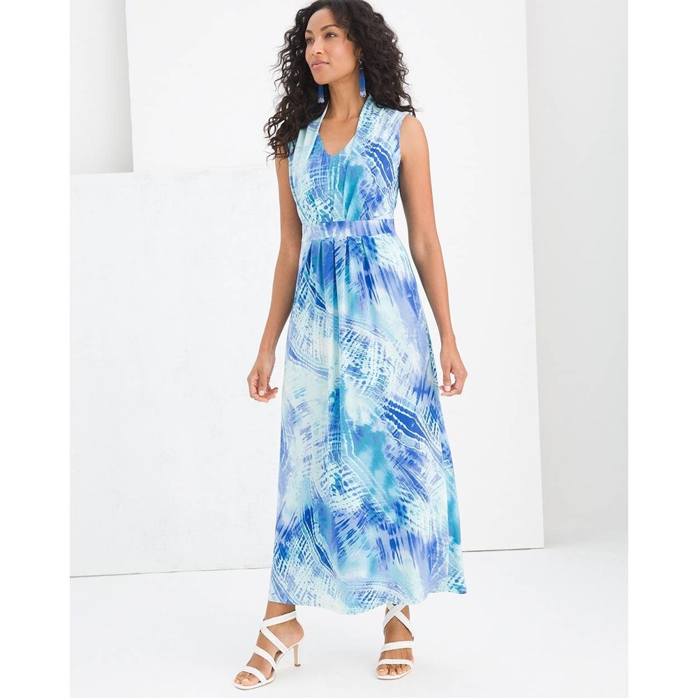 EUC Chico's 1 Blue & White Watercolor V-Neck Maxi Dress